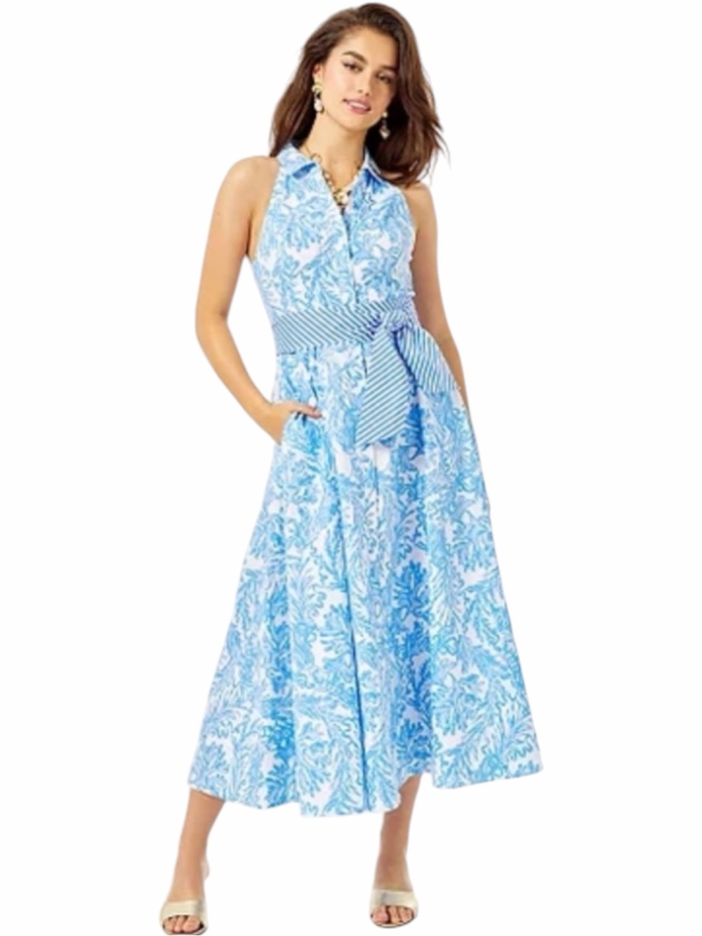 Lilly Pulitzer Chrisella Aqua Lounge Stretch Midi Shirtdress Blue White 16